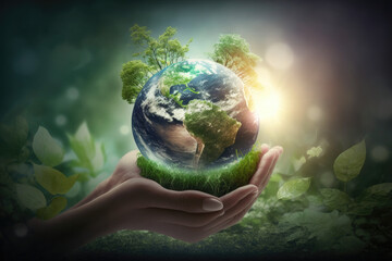 Earth day , Earth in human hands , save clean planet, ecology concept, light background, generative AI