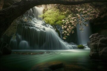 Obraz na płótnie Canvas a springtime waterfall surrounded by nature. Generative AI