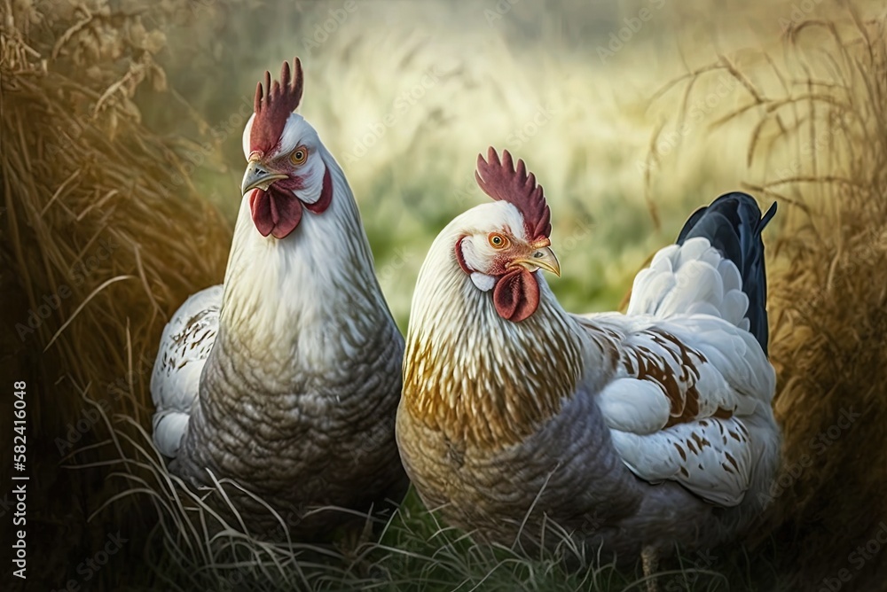 Poster daytime flocks of white and brown hens gracing the fields generative ai