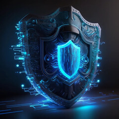 Fototapeta premium Cybersecurity shield with blue lights in hyper realistic 