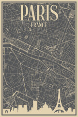 Grey hand-drawn framed poster of the downtown PARIS, FRANCE with highlighted vintage city skyline and lettering