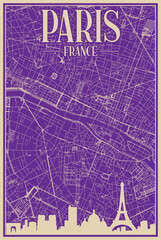 Purple hand-drawn framed poster of the downtown PARIS, FRANCE with highlighted vintage city skyline and lettering