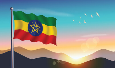 Ethiopia flag with mountains and morning sun in background