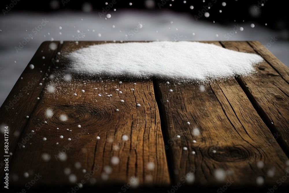 Poster textured snowy backdrop, and a wooden table generative ai
