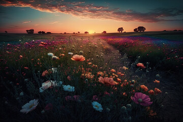 Wildflowers in sunset light. Blooming spring meadow. generative ai.  Field of summer flowers