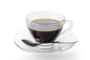 Hot coffee in a transparent glass cup isolated with clipping path on white background.