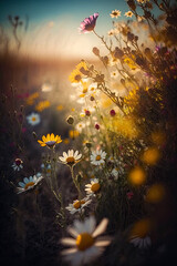 Fototapeta na wymiar Wildflowers in sunset light. Blooming spring meadow. generative ai. Field of summer flowers