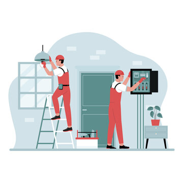 Electricity workers illustration concept. Illustration for website, landing page, mobile app, poster and banner. Trendy flat vector illustration
