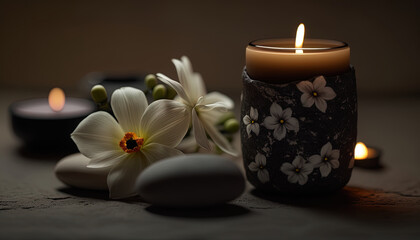 Fototapeta na wymiar Setting the mood: Spa composition with beautiful flowers and burning aromatic candles on a table
