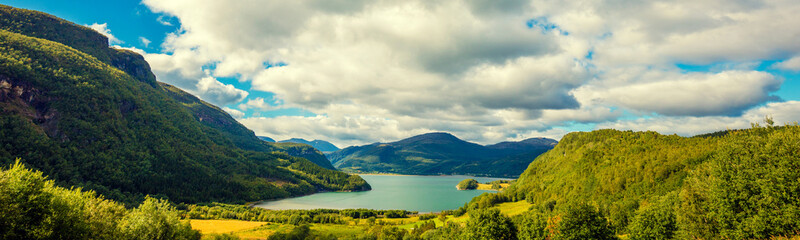 View at fjord with beautiful mountain. Wilderness Norway Horizontal banner