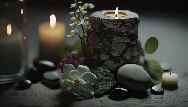 Spa essentials: Beautiful flowers and burning aromatic candles on a table