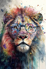 Lion wearing eyeglasses, Psychedelic Illustration. Generative AI