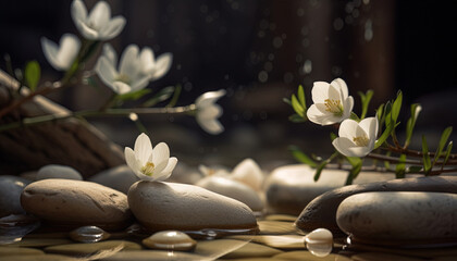 The Oasis of Serenity: A Tranquil Stone Spa with white beautiful flowers