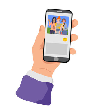 Hand touch smartphone screen and hold mobile phones with apps for watching video, social media, group calling and playing games. Friends communication. Flat vector illustration