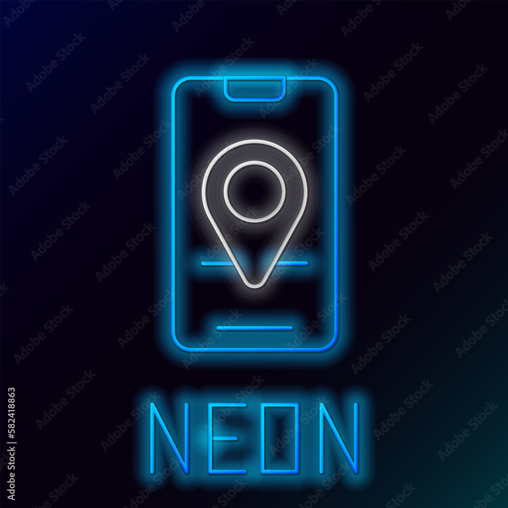 Poster glowing neon line infographic of city map navigation icon isolated on black background. mobile app i
