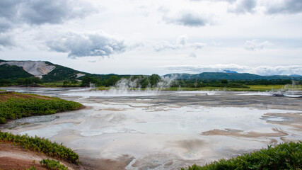 Panorama of hot springs, pools and warm toxic lakes in Kronotsky Nature Reserve 