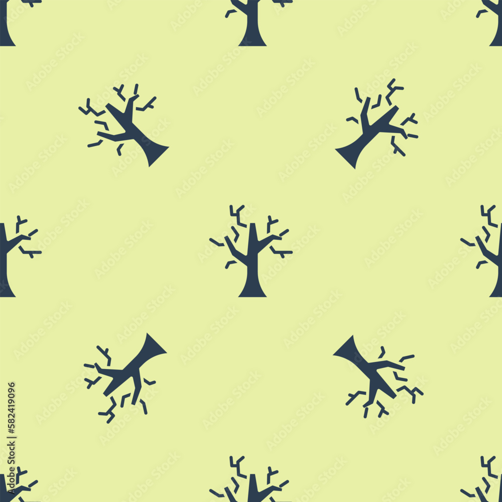 Poster blue withered tree icon isolated seamless pattern on yellow background. bare tree. dead tree silhoue