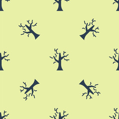 Blue Withered tree icon isolated seamless pattern on yellow background. Bare tree. Dead tree silhouette. Vector