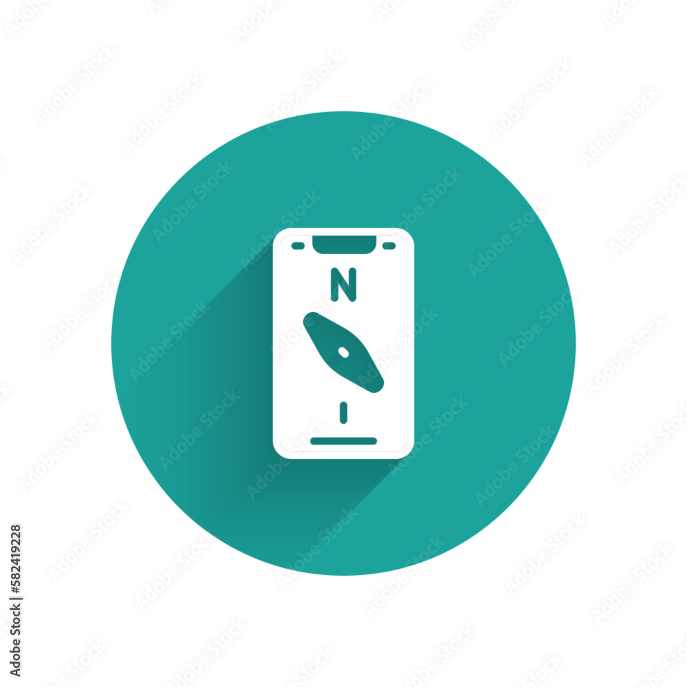 Poster white compass screen apps on smartphone for navigation icon isolated with long shadow. application c