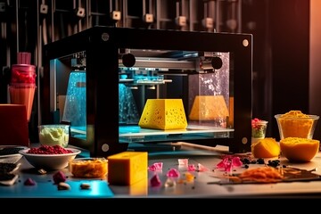 Holographic 3D food printer technology concept, innovation syntetic food, cheese print. Generative AI.