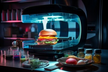 Holographic 3D food printer technology concept, innovation syntetic food, hamburger print. Generative AI.