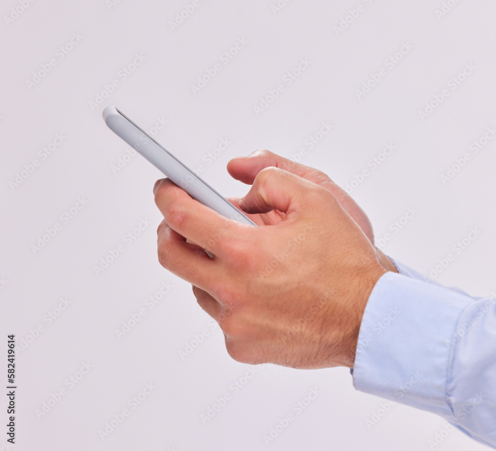 Aufkleber hands, technology and typing with phone in studio isolated on a white background. cellphone, network