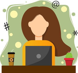 Woman using a tablet computer in a cafe. Girl surfing in the social network. Female rewriting in social network concept. Vector flat design illustration isolated on yellow background.