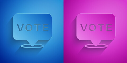 Paper cut Vote icon isolated on blue and purple background. Paper art style. Vector