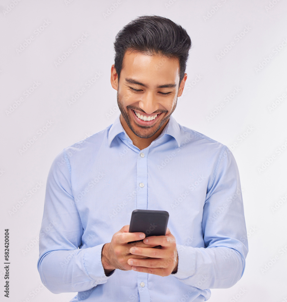 Aufkleber smile, phone and business man typing in studio isolated on a white background. cellphone, web networ