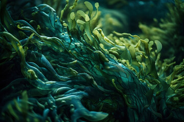 Fototapeta na wymiar Abstract organic pattern with green swirling of ocean seaweed. Created with Generative AI.