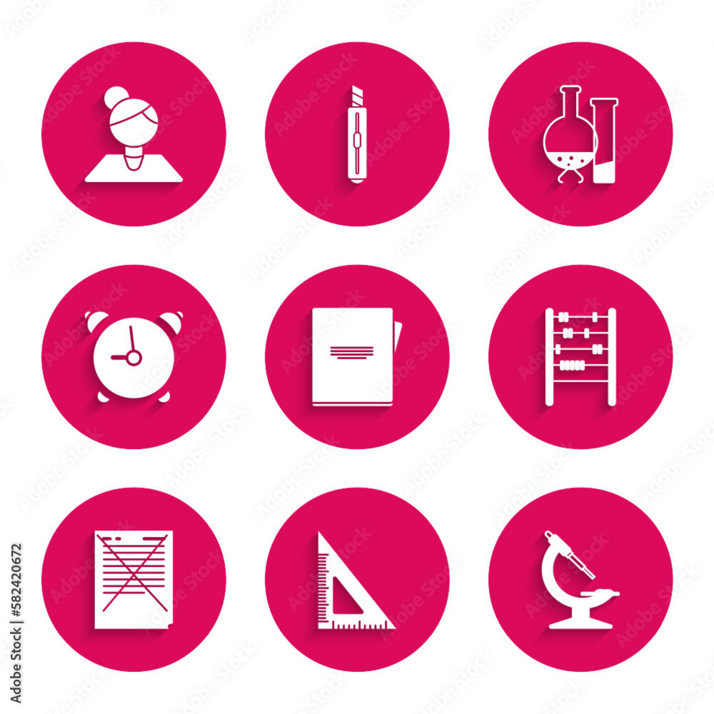 Poster set notebook, triangular ruler, microscope, abacus, exam paper with incorrect answers survey, alarm 