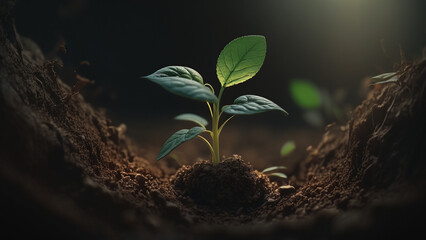 Close up of green plant sprout on the rich soil, ecology concept