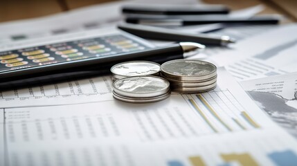 Path to Financial Success: A Thoughtful Composition of Coins and Financial Documents, Emphasizing...