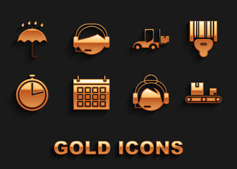 Set Calendar, Scanner scanning bar code, Conveyor belt with cardboard box, Support operator touch, Stopwatch, Forklift truck, Umbrella and rain drops and icon. Vector