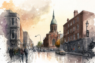 Fototapeta premium Old town Dublin drawing with bit of watercolour.