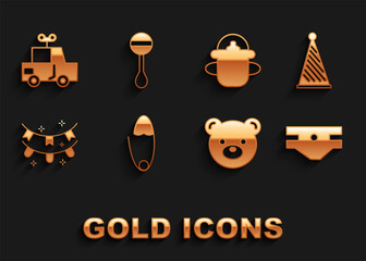 Set Classic steel safety pin, Party hat, Baby absorbent diaper, Teddy bear plush toy, Carnival garland with flags, bottle, Toy car and Rattle baby icon. Vector