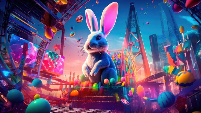 A digital artwork of the Easter Bunny with many colorful Easter eggs, set in a futuristic cityscape. Generative AI