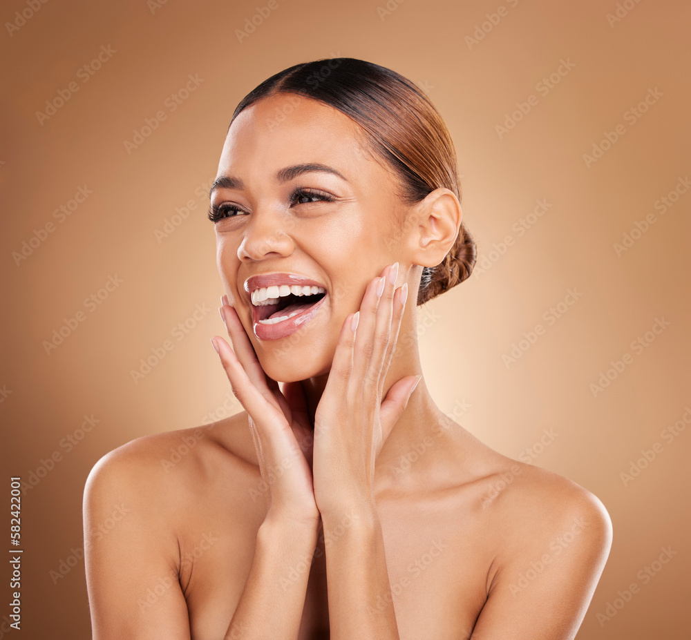 Sticker Beauty, smile and a woman with hands on face for skin care glow and shine in studio on brown background. Aesthetic female model laugh and satisfied with spa facial, dermatology cosmetic and wellness