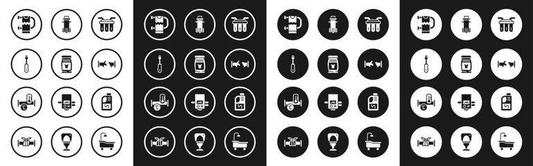 Set Water filter, Laundry detergent, Screwdriver, Heated towel rail, Broken pipe, Drain cleaner bottle and Industry metallic icon. Vector
