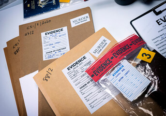 Files and evidence bag in a crime lab, conceptual image