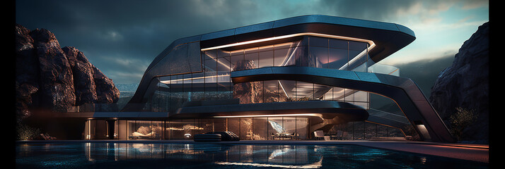 exterior of modern building, futuristic design, panoramic, modern architecture design house building exterior with large spacious windows and a pool, generative ai