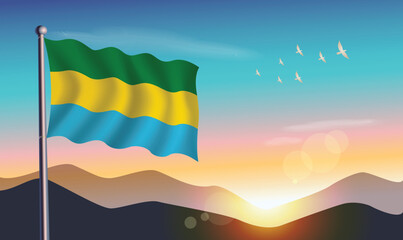 Gabon flag with mountains and morning sun in background