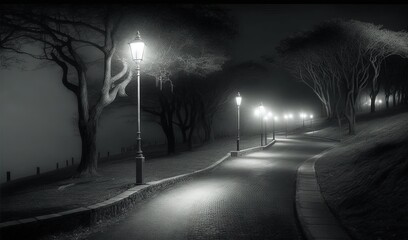  a street light on a foggy night in a park.  generative ai