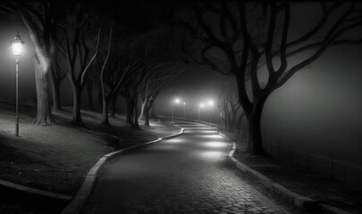  a dark street with a light post and street lamps on either side.  generative ai
