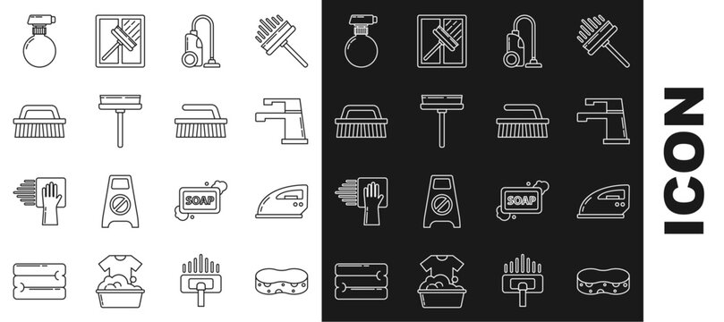 Set line Sponge, Electric iron, Water tap, Vacuum cleaner, Squeegee, scraper, wiper, Brush for cleaning, and icon. Vector