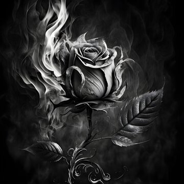 black and white rose on fire