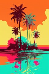 Pop Art Island With Coconut tree.Generative Ai