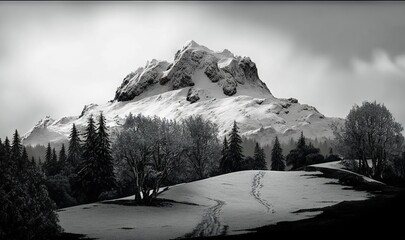  a black and white photo of a snowy mountain with trees.  generative ai