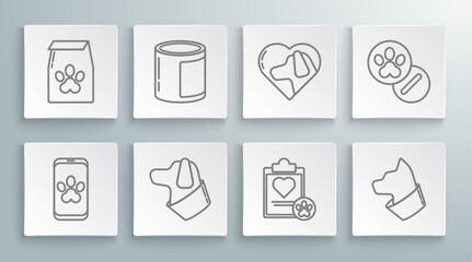 Set line Online veterinary clinic symbol, Canned food, Dog, Clipboard with medical clinical record pet, Cat, Heart dog, and pills and Bag of for icon. Vector