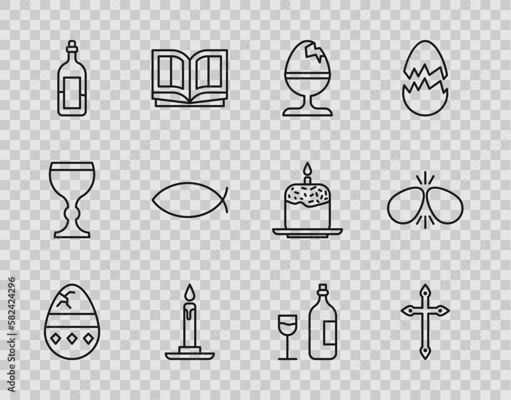 Canvas Prints set line cracked egg, christian cross, chicken on stand, burning candle in candlestick, bottle of wi